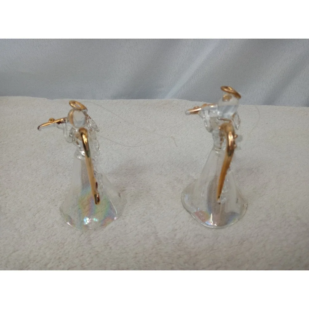 Lot of 2 Avon Glass Angel Ornaments Vintage Gold Trim Iridescent Christmas w/ Bo